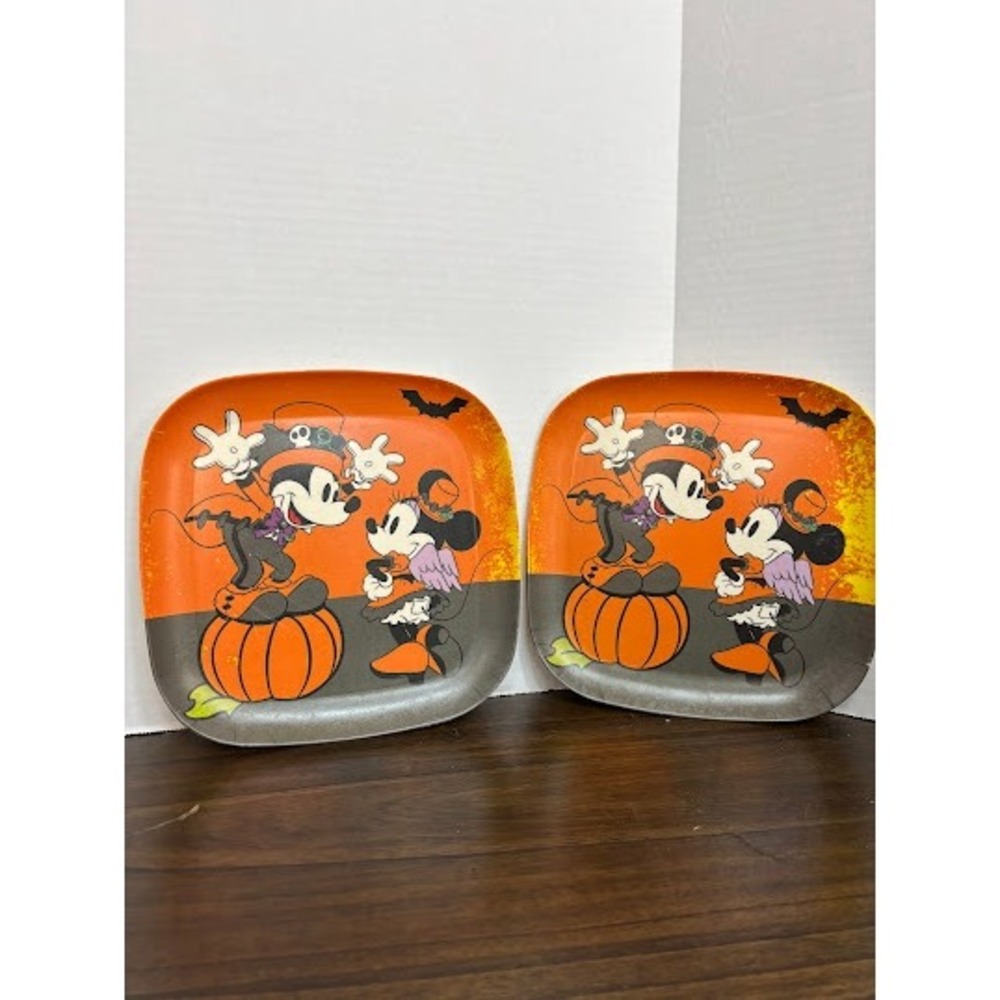 Disney Halloween Mickey Minnie Mouse Pumpkin Square Plates Set of 2 Orange Black